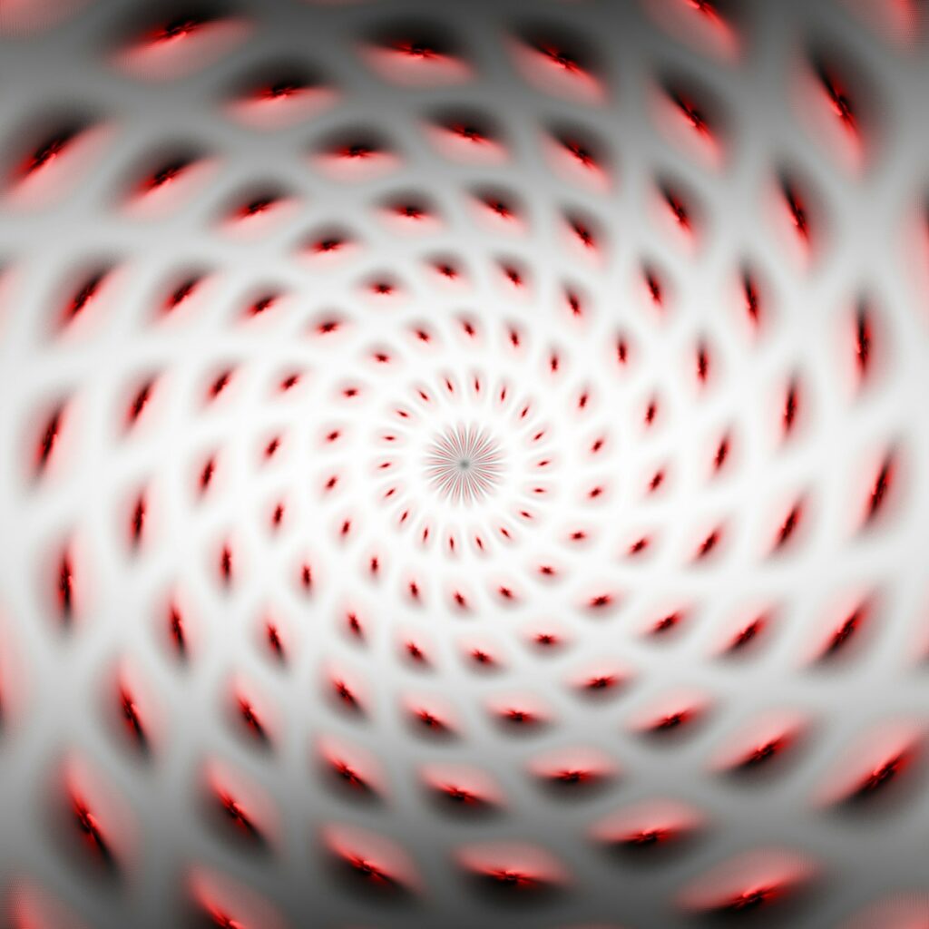a red and white spiral design with a black background